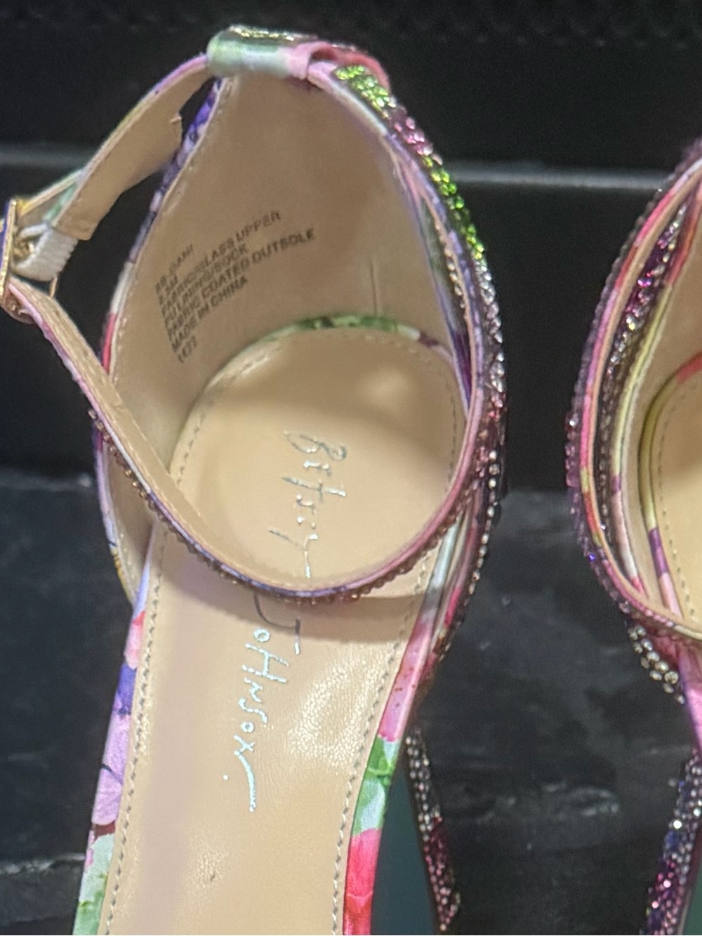 Betsey Johnson Pink Multicolor Crystal Floral Block Heels - Picture 4 of 6
